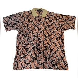 Mens Lyle & Scott Paisley Polo Dress Shirt Black Tan Red Size Large